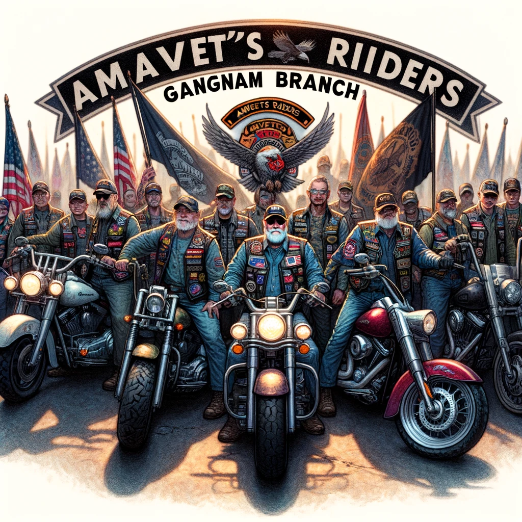 The image has been created to capture the essence of the AMVETS Riders Gangnam Branch, showcasing their spirit of service and brotherhood on two wheels.